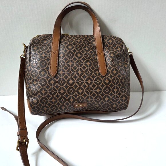 Fossil Sydney Brown Geometric Coated Canvas Satchel Crossbody Bag Boho Preppy - Picture 1 of 12